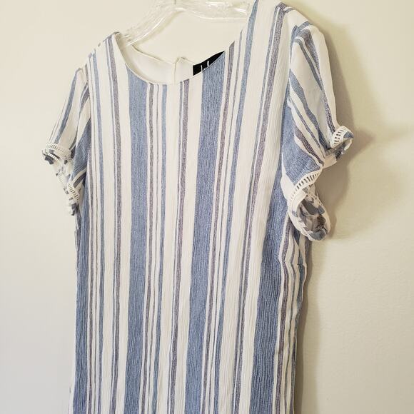 Lulu's Shift Dress Short Sleeve Rayon Blue White Vertical Stripes Mini Dress L - Picture 3 of 9